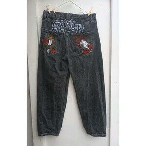 Men's 28 Ninth Hall Pants Baggy Black Embroidered Skater Dagger Eagle y2k
